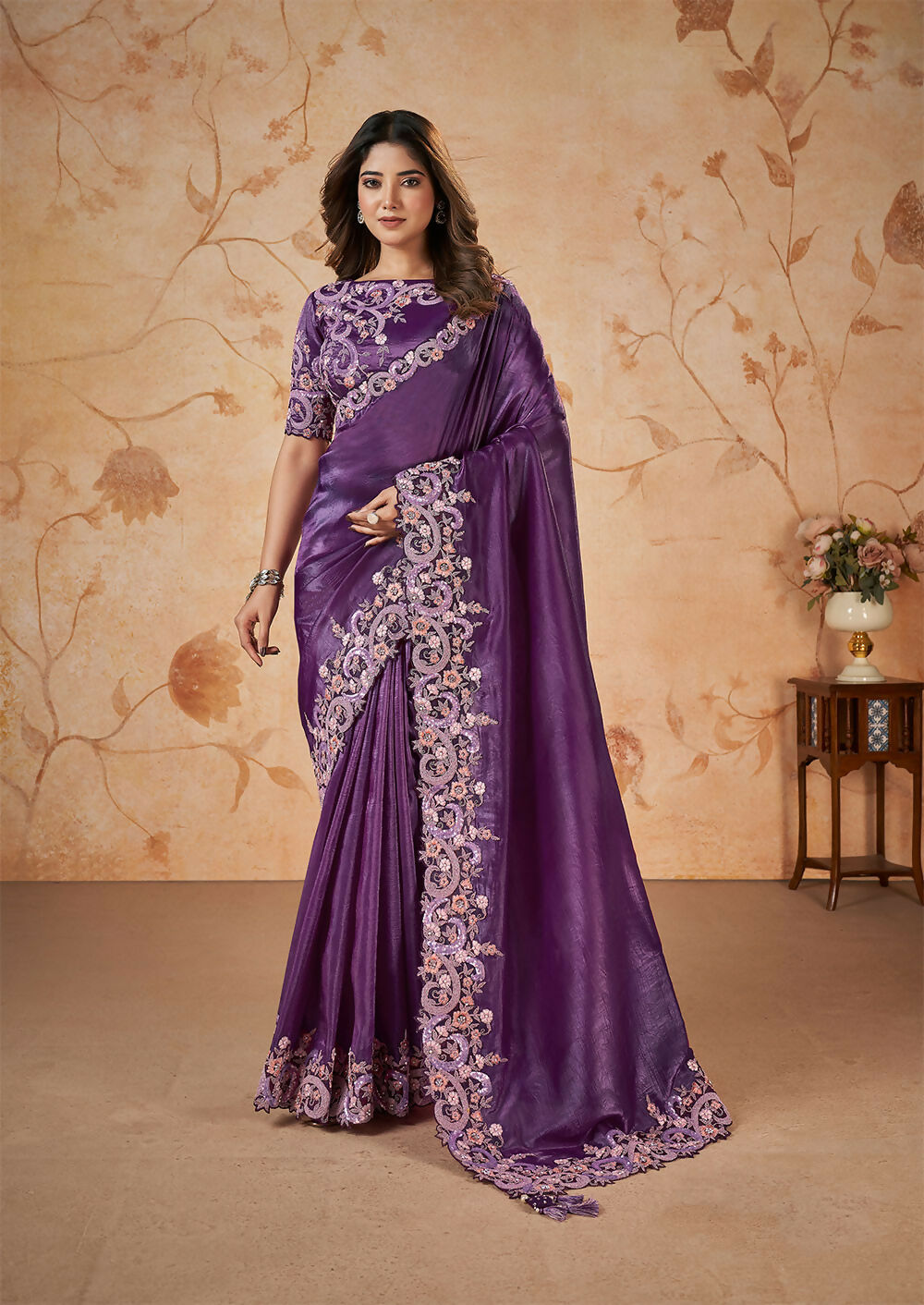 Purple Banarasi Crush Silk Thread, Sequence, Cord Embroidered with Stone & Moti Work Saree - Mohmanthan Dakshika - Distacart