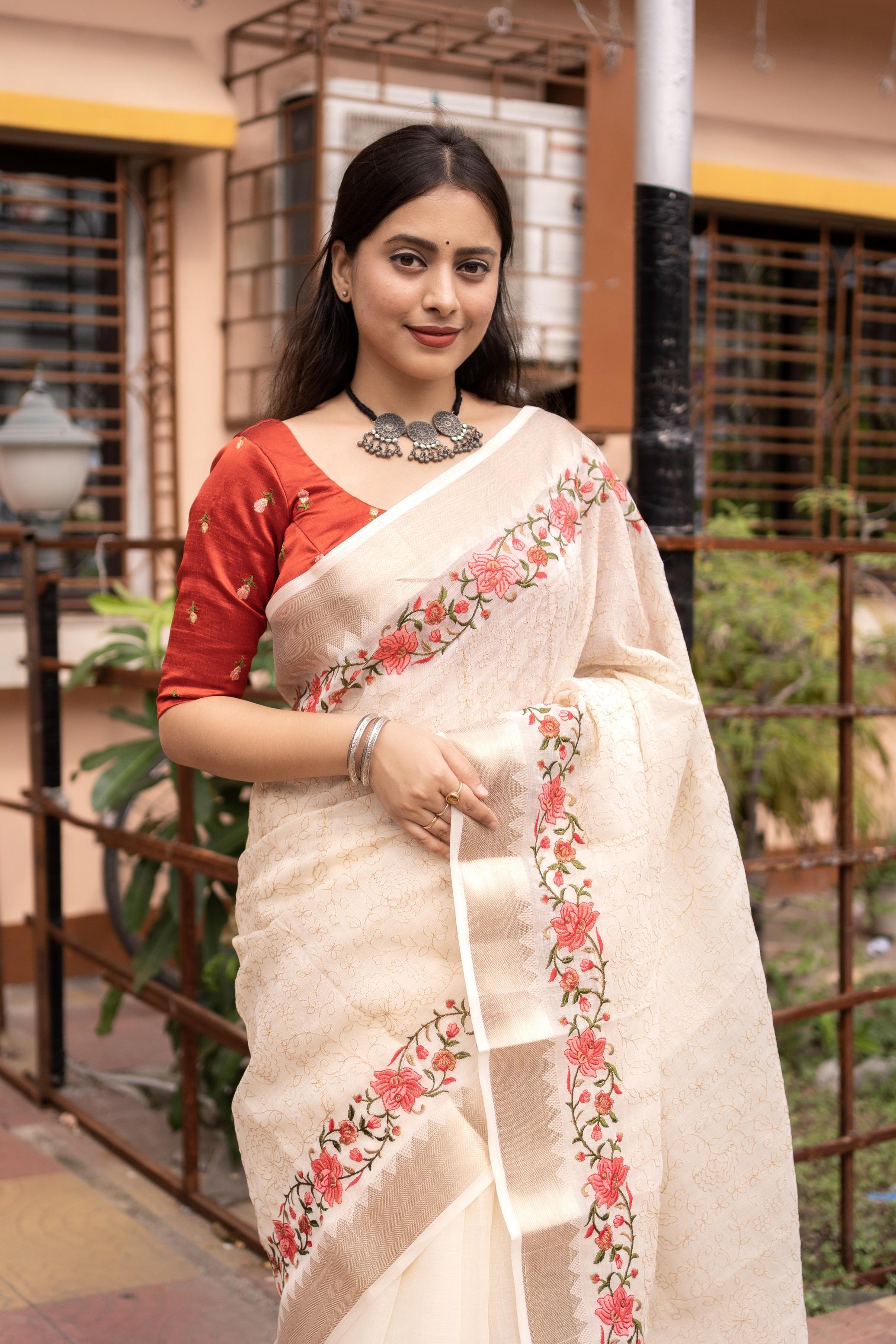 White Pure Linen Woven Design Saree with Unstitched Blouse - Hiral Fashion - Distacart