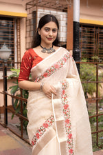 Thumbnail for White Pure Linen Woven Design Saree with Unstitched Blouse - A2M