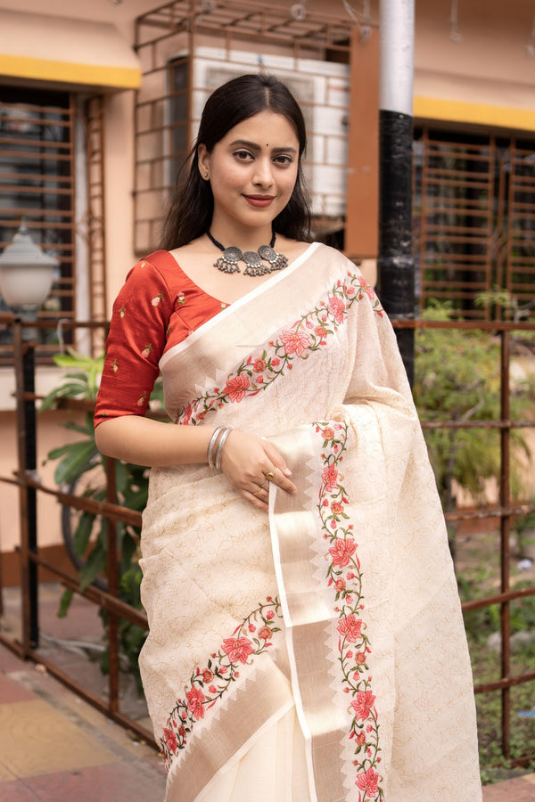 White Pure Linen Woven Design Saree with Unstitched Blouse - A2M