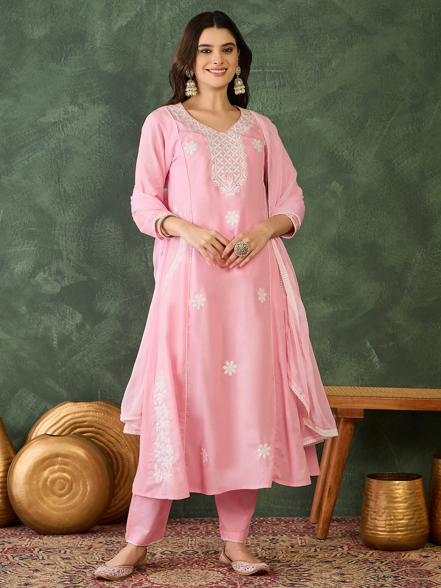 The52 Women's Beautiful Thread Work Cotton satin Fabric Flared Kurta Pant and Dupatta Set-Peach - Dista