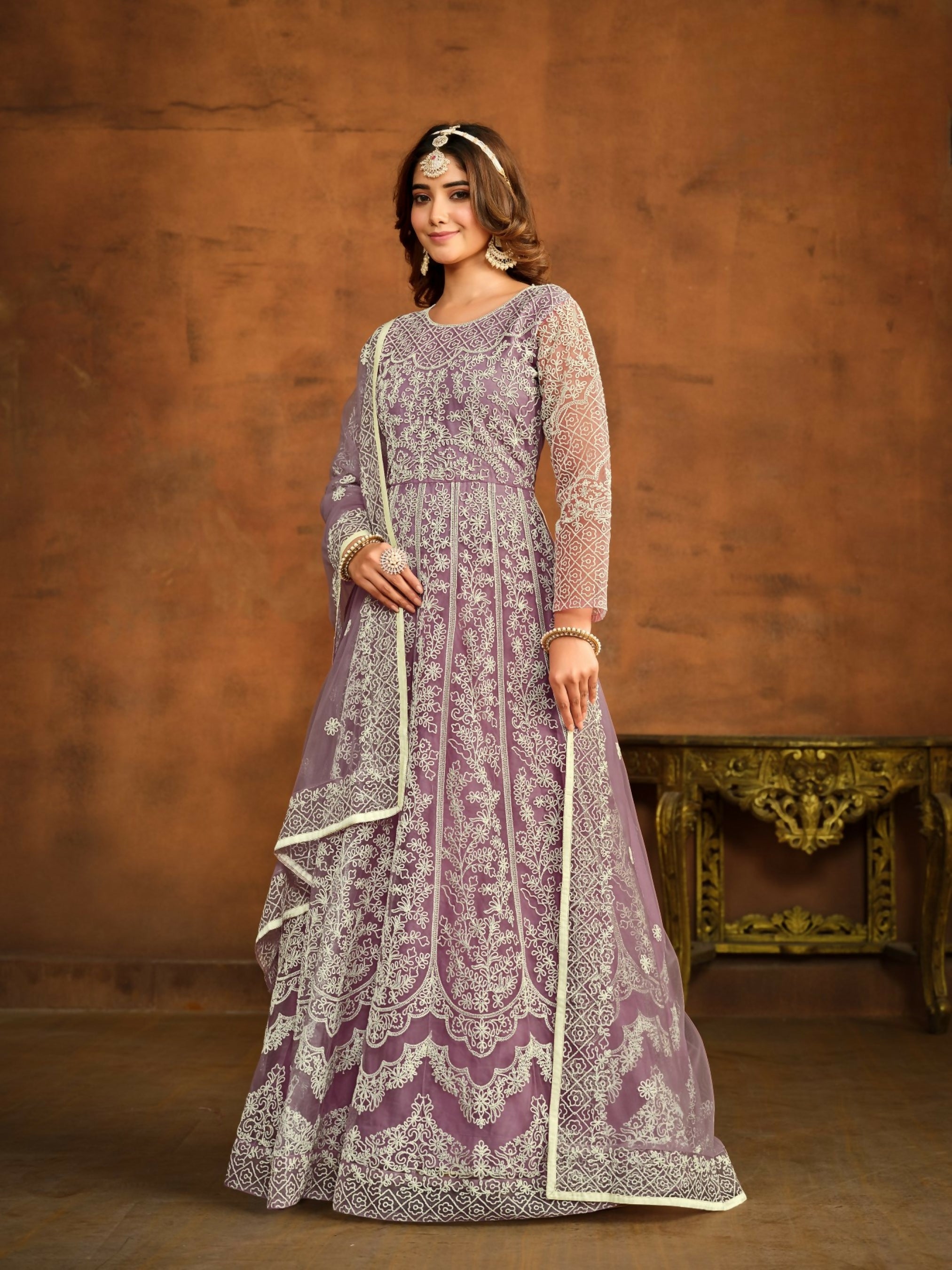 Anaita Lavender Embroidered Net Anarkali Suit - Distacart
