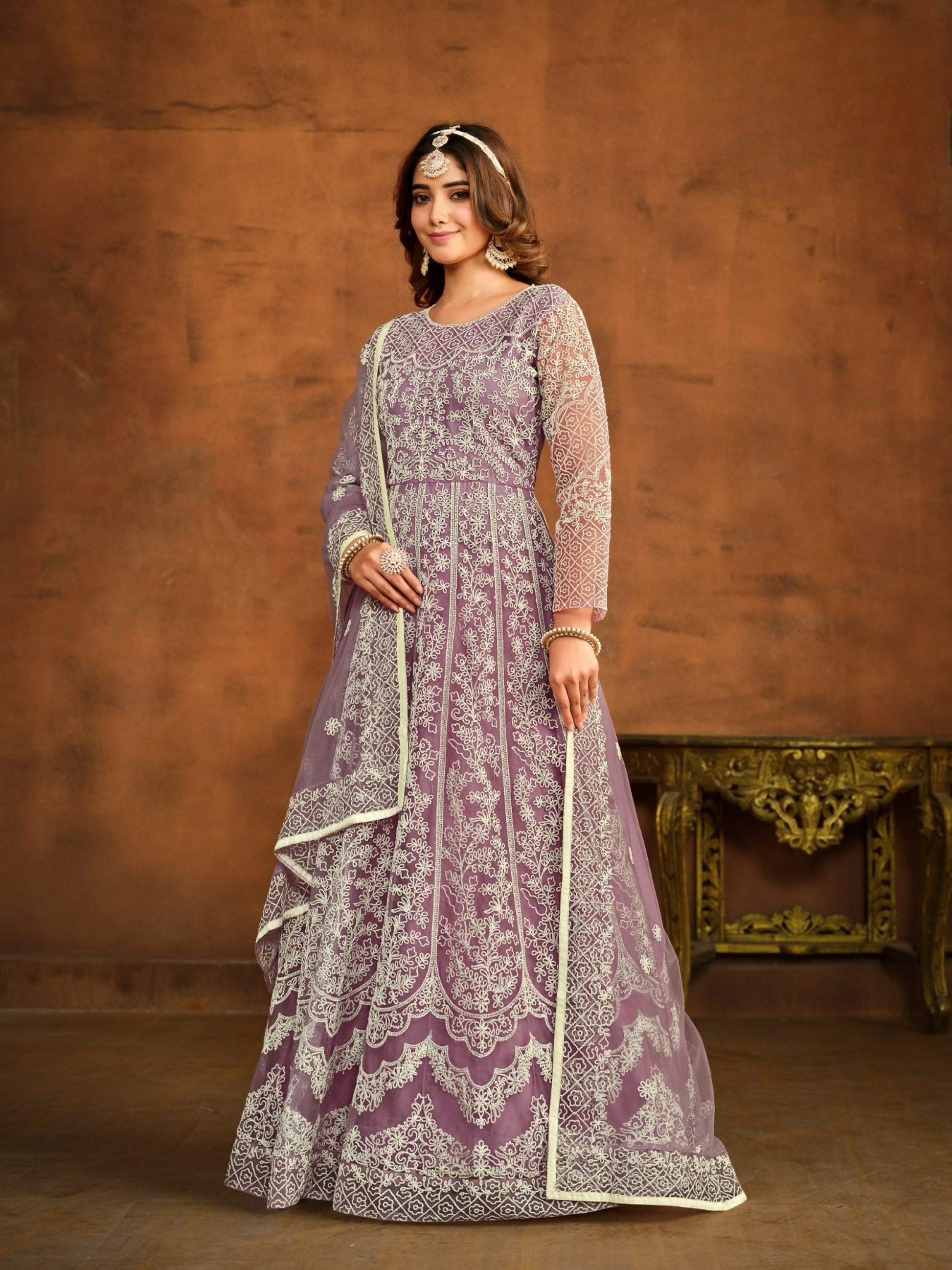 Anaita Lavender Embroidered Net Anarkali Suit - Distacart