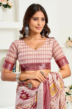 Thumbnail for Vastranavya White Maroon Digital Printed Linen Ready To Wear Designer Saree with Unstitched Blouse - Distacart