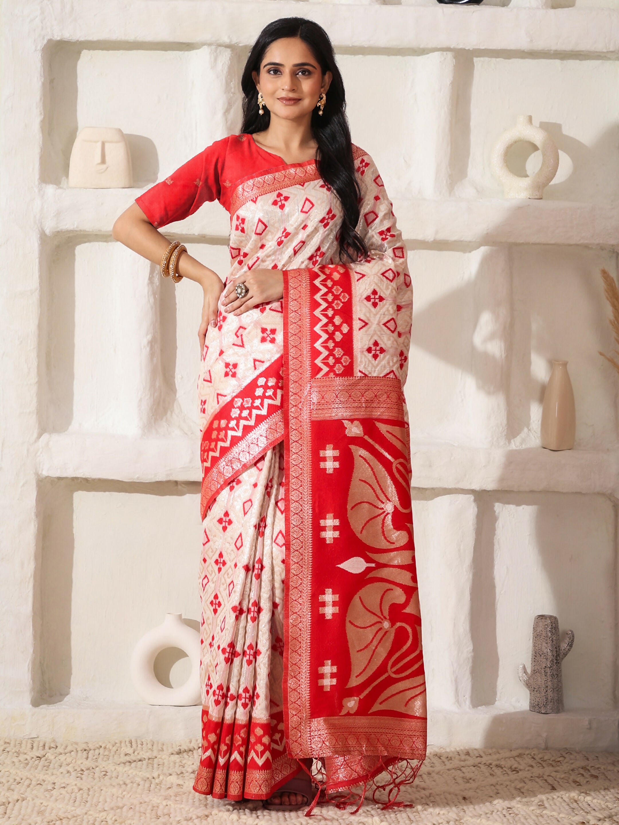 Astita Linen Cotton Red & White Saree