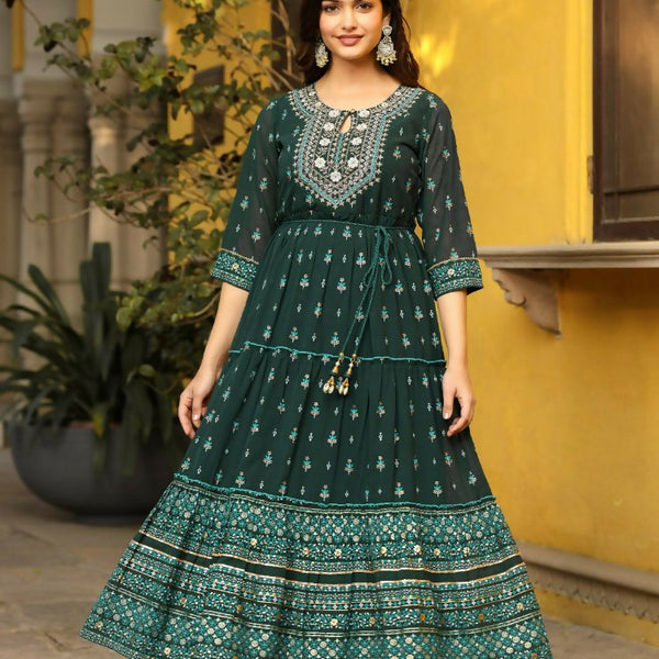 Juniper Green Ethnic Motif Printed Georgette Maxi Dress & Dori With Thread Work - Distacart