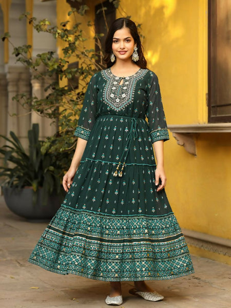 Juniper Green Ethnic Motif Printed Georgette Maxi Dress & Dori With Thread Work - Distacart