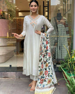 Thumbnail for The52 Off White Women's Gorgeous Embroidered Viscose Chanderi Fabric Straight Kurta Pant with Dupatta Set - Distacart