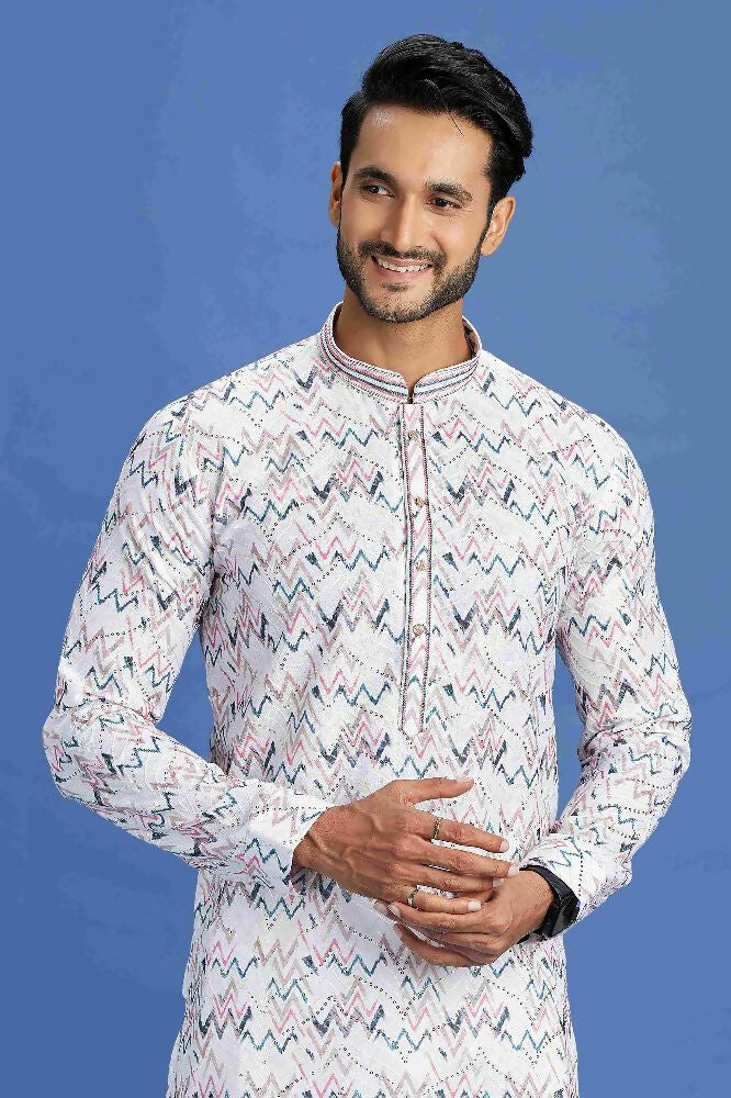 Raivat Ethnic Cotton Embroidery Kurta Pajama In Pink and Blue Colour - Dista