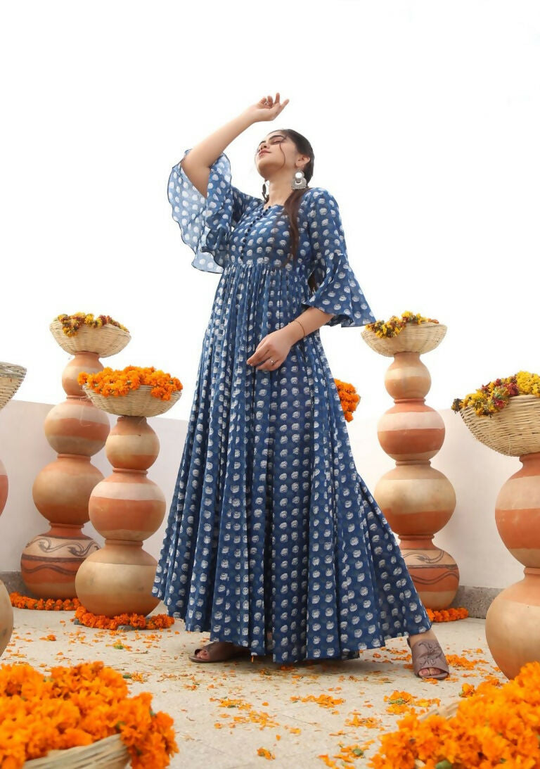 Jyoti Fashion Women's Blue Heavy Digital Printed Cotton Silk Anarkali Dress - Distacart