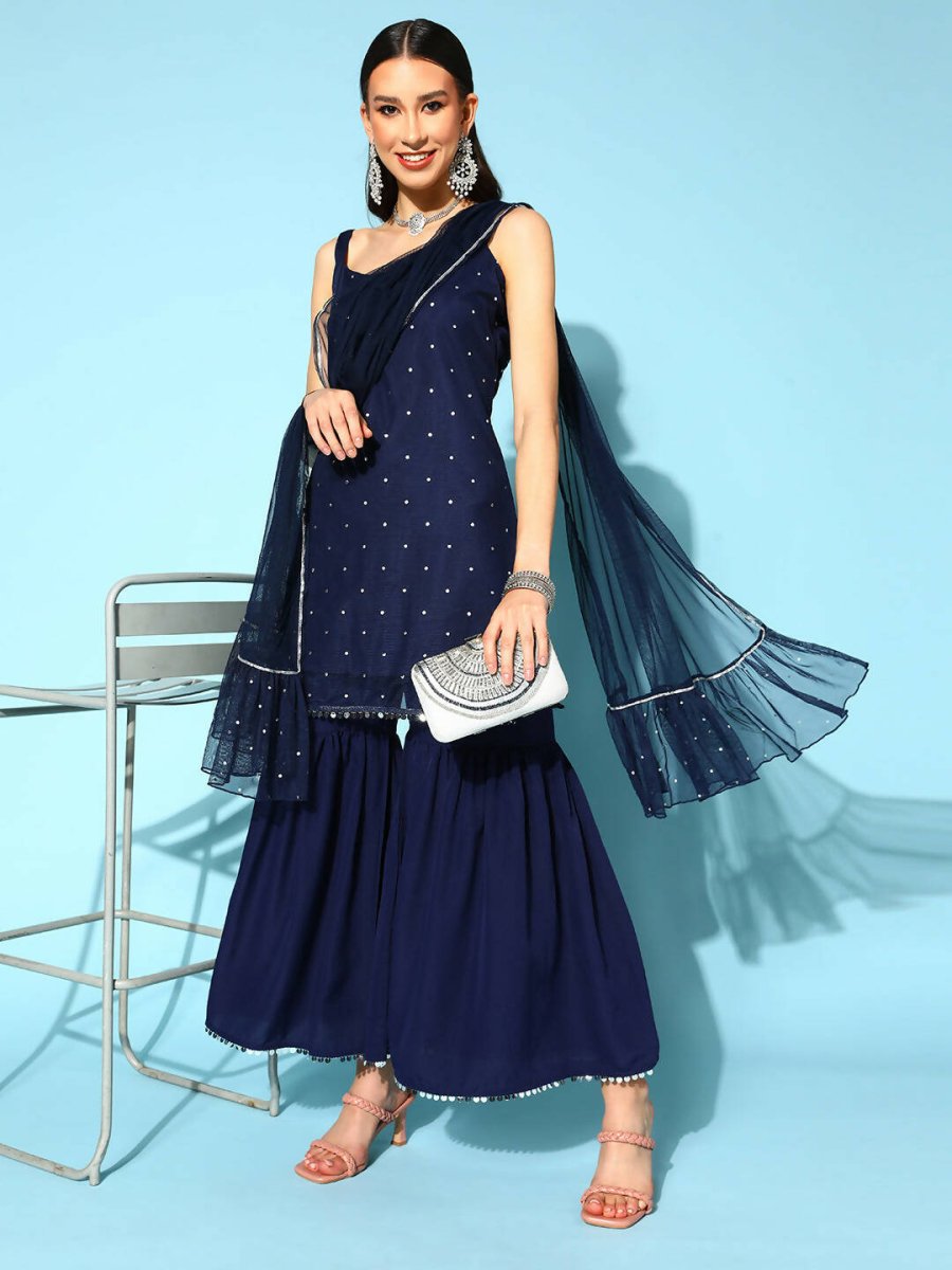 Ahalyaa Women Navy Blue Colour Crepe Foil Printed Kurta Sharara Set With Dupatta - Distacart