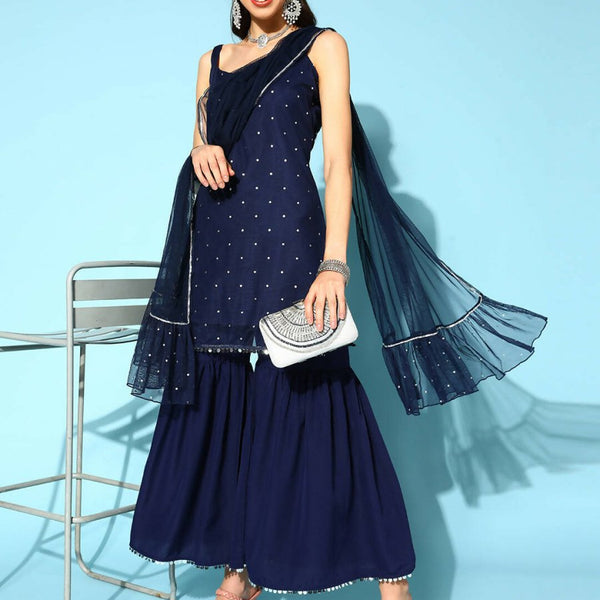 Ahalyaa Women Navy Blue Colour Crepe Foil Printed Kurta Sharara Set With Dupatta - Distacart