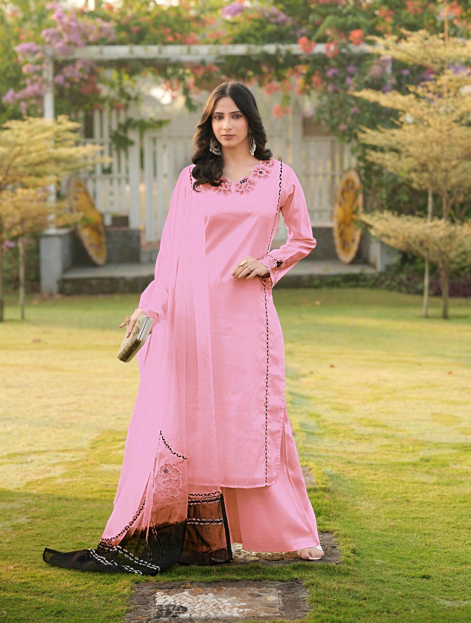 Nikhaar Light Pink Embroidered Art Silk Stitched Straight Cut Kurta Palazzo Dupatta Readymade Suit - Dista