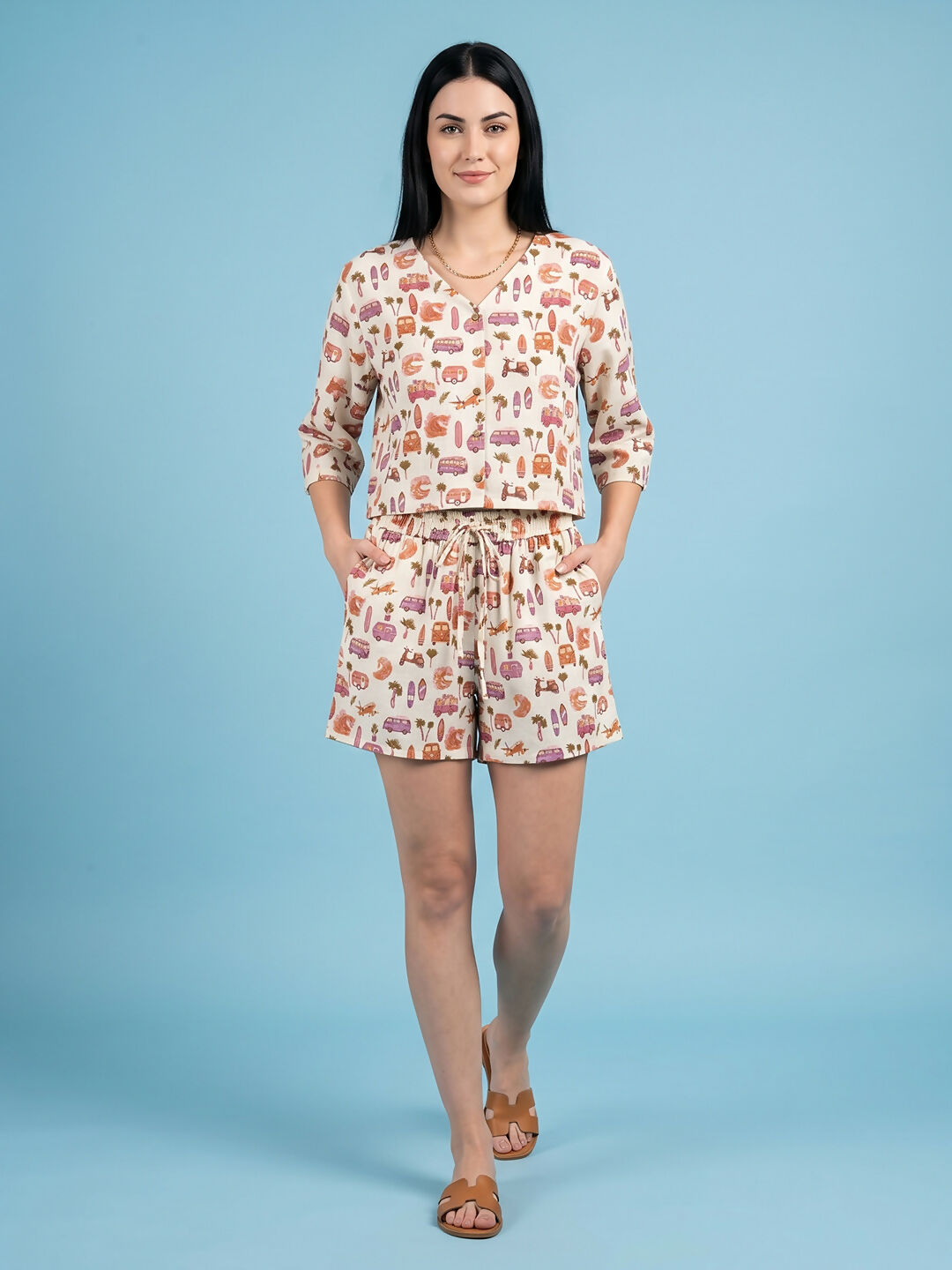 Breathables Woven Cotton Half Sleeves Beach Inspired Shorts Set Cream - Dista