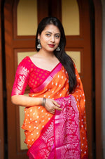 Thumbnail for Orange Jute Silk Printed Saree with Unstitched Blouse - Hiral Fashion - Distacart
