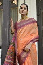Thumbnail for Vishnu Weaves Women's Orange Handloom Raw Silk Saree with Blouse - Distacart