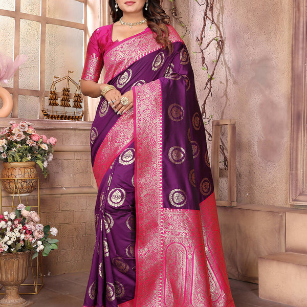 Joban Fashion Purple Banarasi Soft Silk Woven Saree