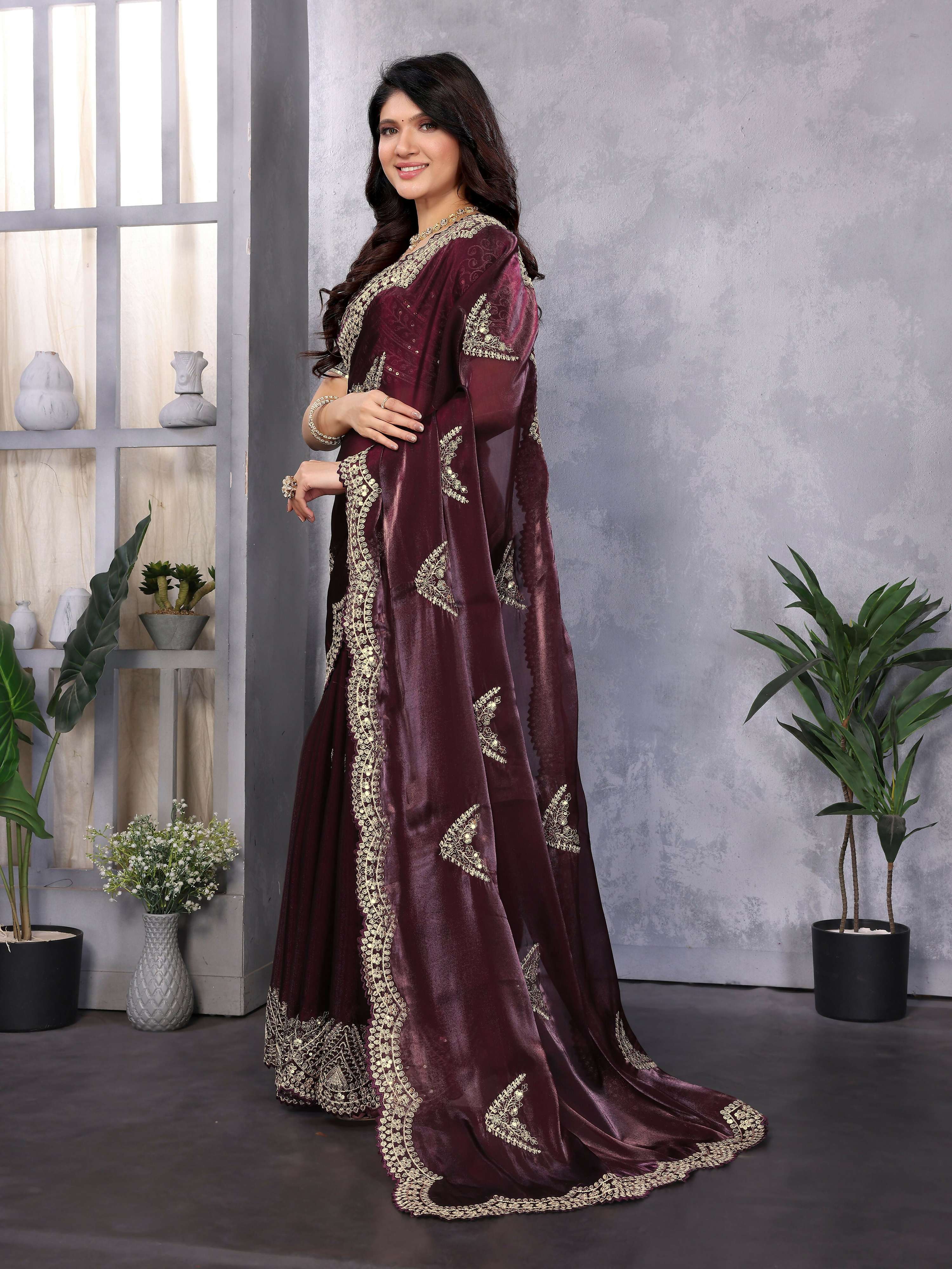 Vastranavya Wine Embroidery Work Shimmer Chiffon Saree with Unstitched Blouse