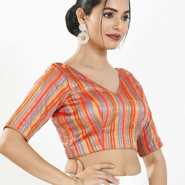 Joban Fashion Orange Multi Brocade Padded Blouse With V Neck Elbow Sleeves - Distacart