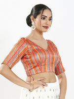 Thumbnail for Joban Fashion Orange Multi Brocade Padded Blouse With V Neck Elbow Sleeves - Distacart