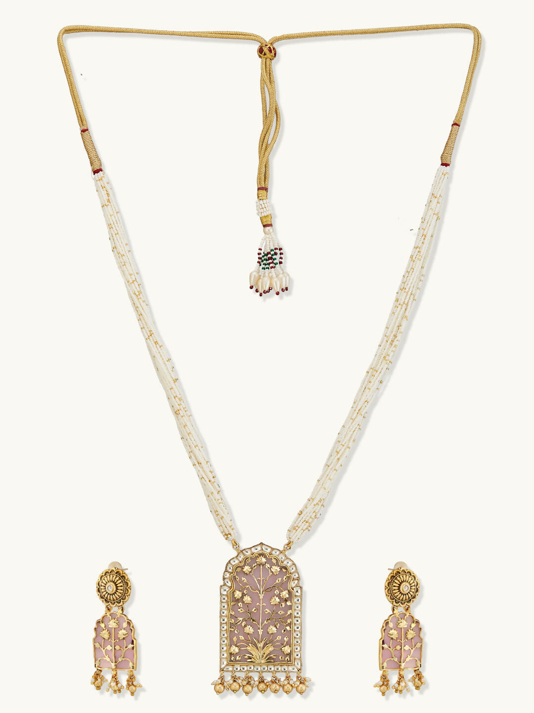 Nuyug 22K Gold-Plated Pearl Beaded Strings Floral Motifs Enamel Pendant Necklace Set