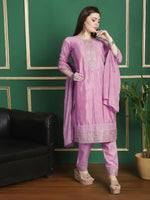 Thumbnail for Aastha Fashion Women's Pink Chinon Chiffon Floral Embroidery with Cording & Crystal Work Designer Straight Suit Set - Distacart