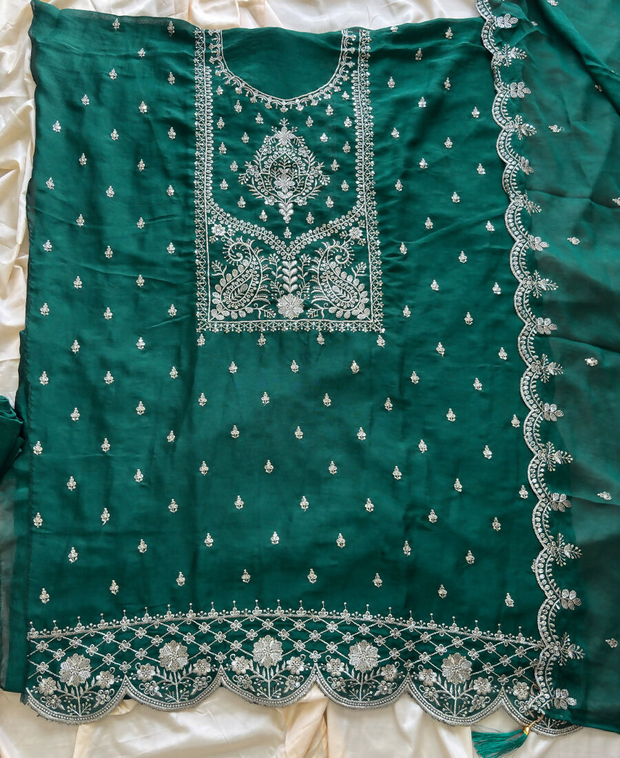 KC Green Wedding Wear Embroidered Crush Silk Salwar Suit - Dista