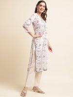 Thumbnail for Ode by House of Pataudi Printed Gotta Patti Linen Straight Kurta with Trousers & Dupatta - Distacart