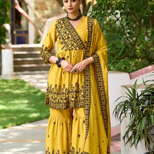 Anaita Yellow Chinon Readymade Sharara Suit with Embroidery Work - Distacart