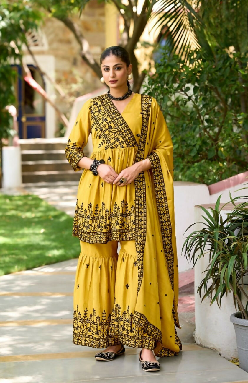 Anaita Yellow Chinon Readymade Sharara Suit with Embroidery Work - Distacart