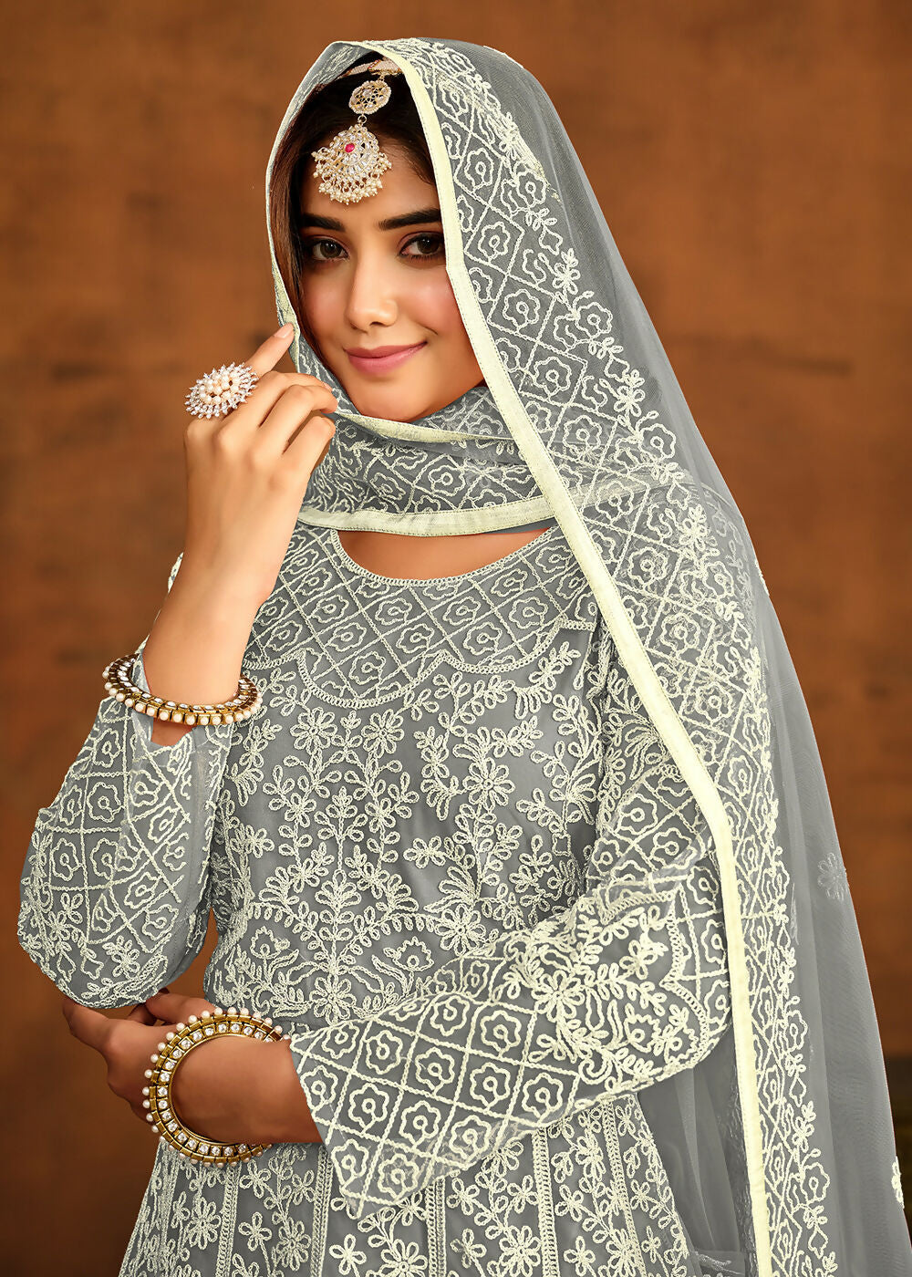 Grey All Over Embroidered Net Wedding Anarkali Suit - Emponline - Distacart