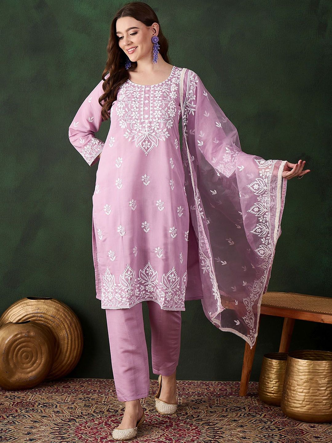 Sangria Lavender Floral Embroidered Thread Work Cotton Kurta & Trouser With Dupatta - Distacart