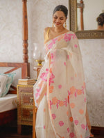 Thumbnail for Prime Volt Women's Off-White Floral Digital Print Soft Linen Saree With Blouse - Distacart