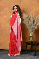 Thumbnail for Very Much Indian Pure Cotton Handloom Saree with Buttis & Sleek Border - Red - Distacart