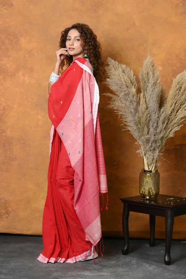Very Much Indian Pure Cotton Handloom Saree with Buttis & Sleek Border - Red - Distacart