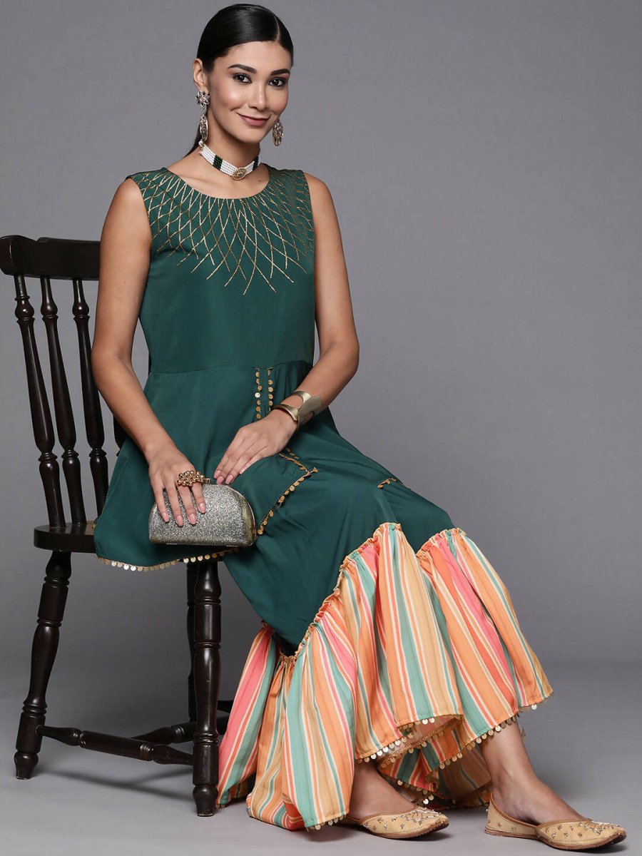 Ahalyaa Green Yoke Geometric Printed High Slit Sequinned Kurti with Sharara - Distacart