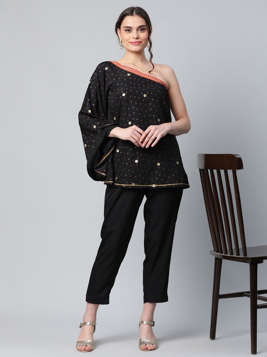 Ahalyaa Women Black Crepe Printed Top with Trouser Set - Distacart