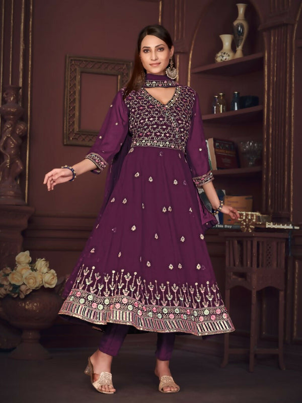 Jyoti Fashion Women's Purple Georgette Embroidered Anarkali Kurta Pant Set With Dupatta - Distacart