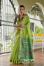 Thumbnail for Vishnu Weaves Women's Mahendi Raw Silk Patola Zari Woven Saree with Blouse