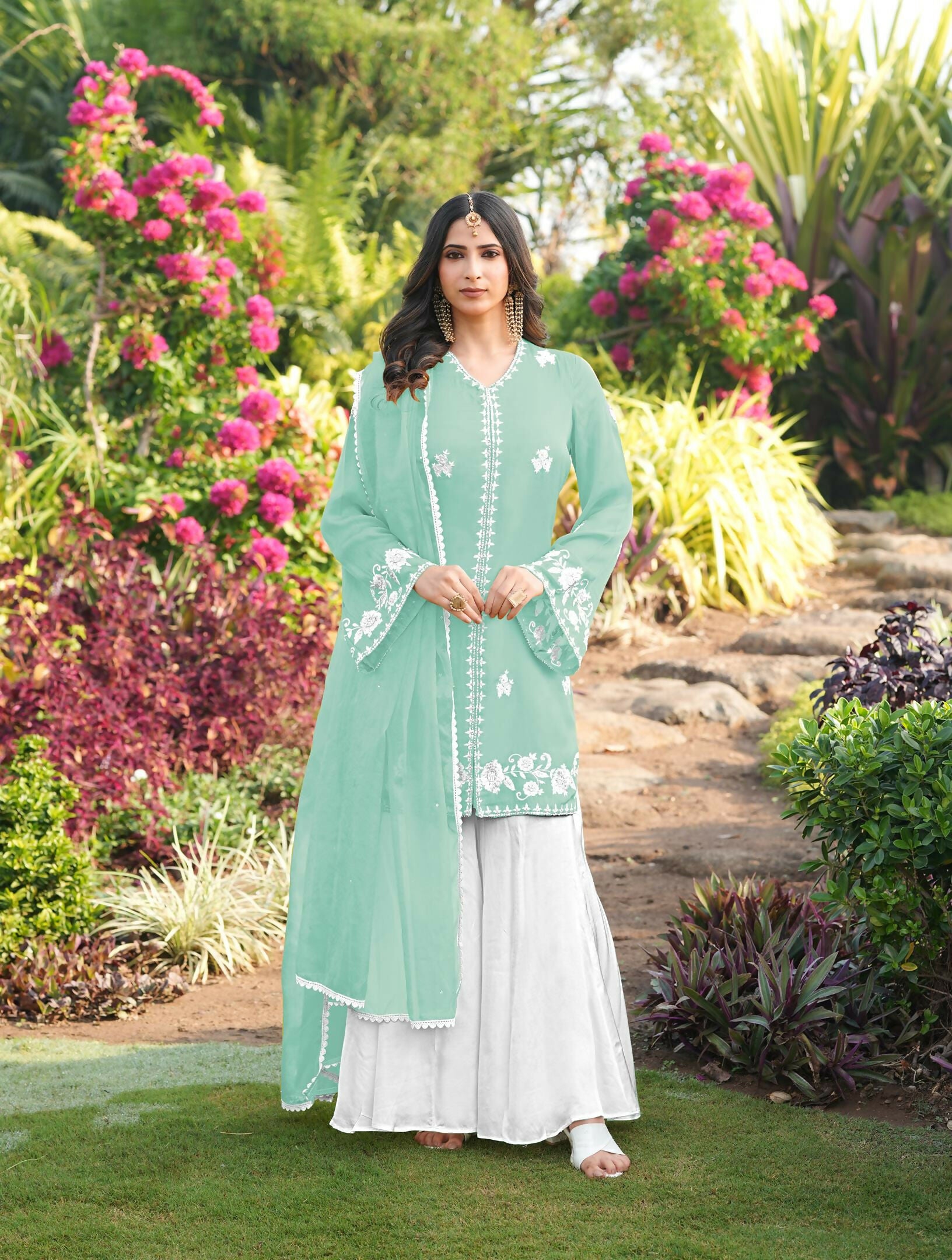 Nikhaar Light Green Embroidered Modal Silk Stitched Straight Cut Kurta Kalidar Palazzo Dupatta Readymade Suit - Dista