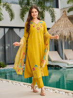 Thumbnail for The52 Yellow Women's Gorgeous Embroidered work Viscose Gadhwal Fabric Straight Kurta, Pant and Dupatta Set - Distacart