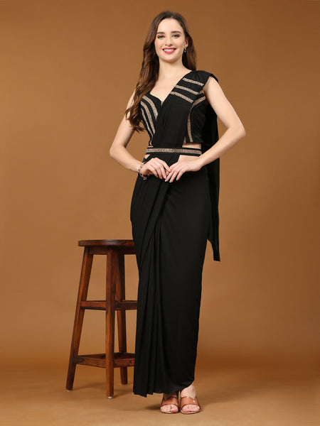 Black Polyester Solid Ready to Wear Saree with stitched Blouse - Nita - Distacart
