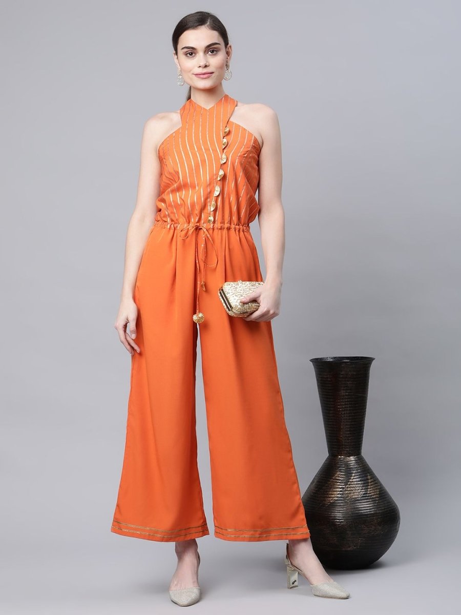 Ahalyaa Womens Orange Crepe Gold Stripped Print Jumpsuit - Distacart