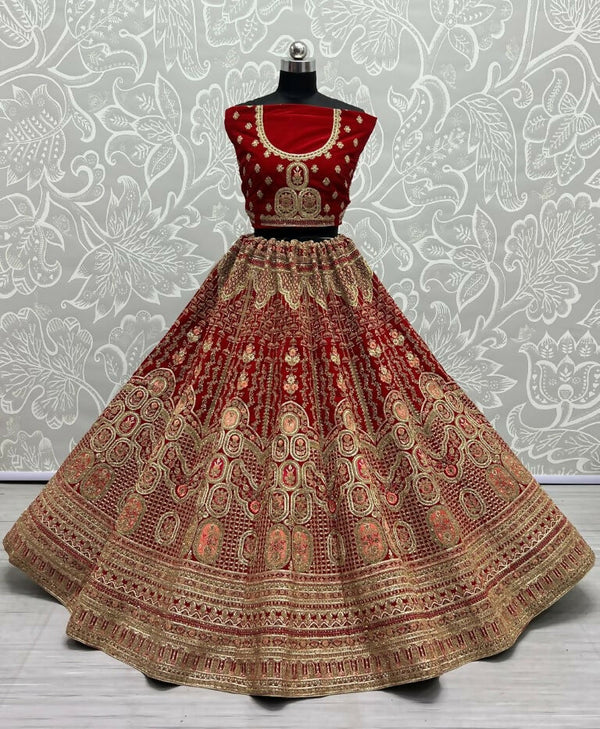 Jyoti Fashion Women's Red Velvet Multi Thread Embroidered with Zircon Diamond Wedding Lehenga Choli - Distacart
