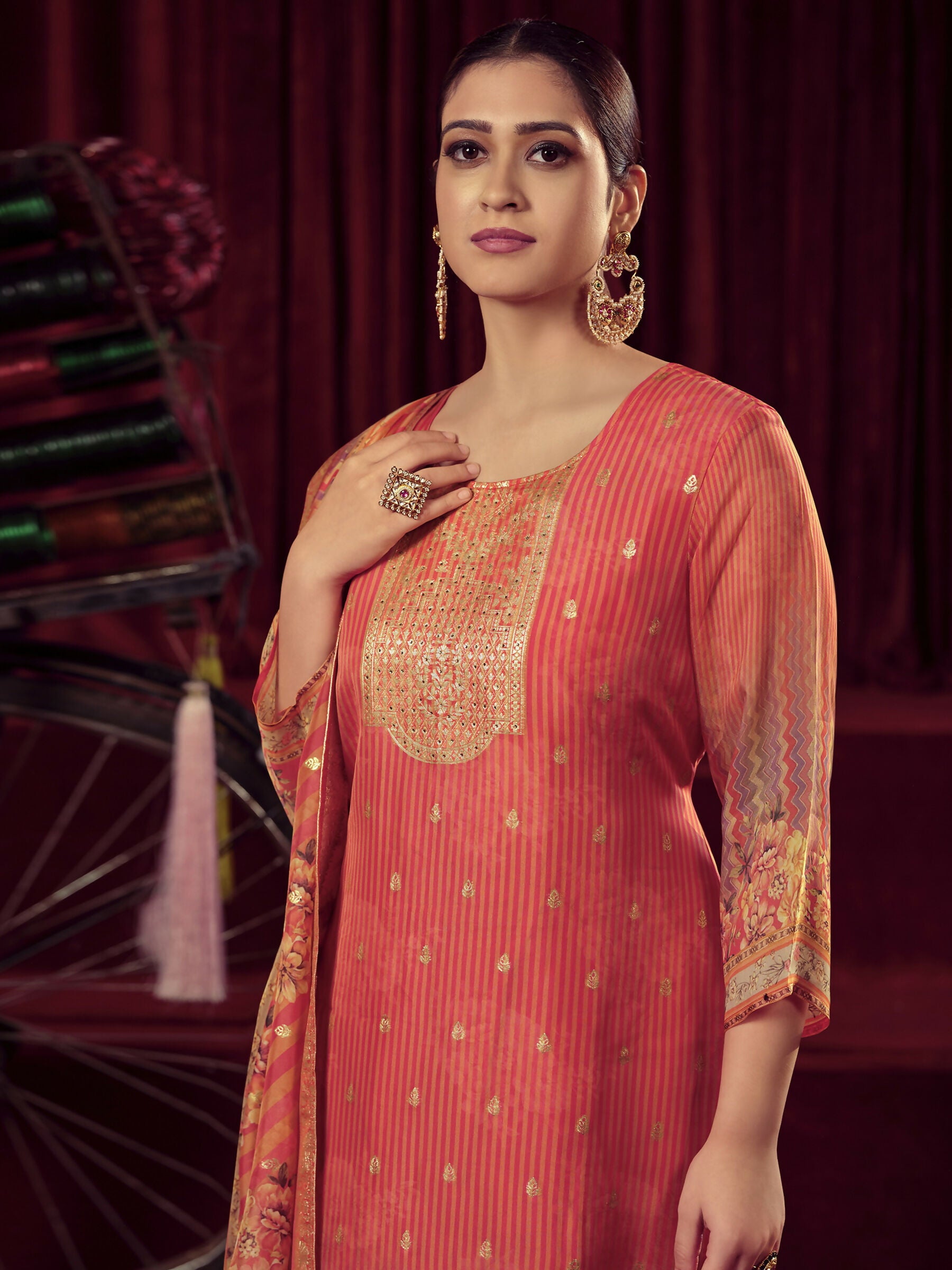 Jyoti Fashion Women's Orange Organza Jacquard Woven Kurta with Trouser & Dupatta - Distacart
