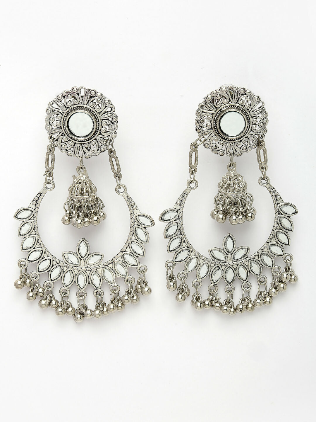 NVR Women's Silver-Plated Mirror Work Oxidised Chandbali Earrings - Distacart