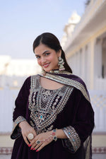 Thumbnail for Teeya Creation Womens New Wine Velvet With Rich Zari Coding Embroidered Work Kurta Pant Dupatta Set - Dista