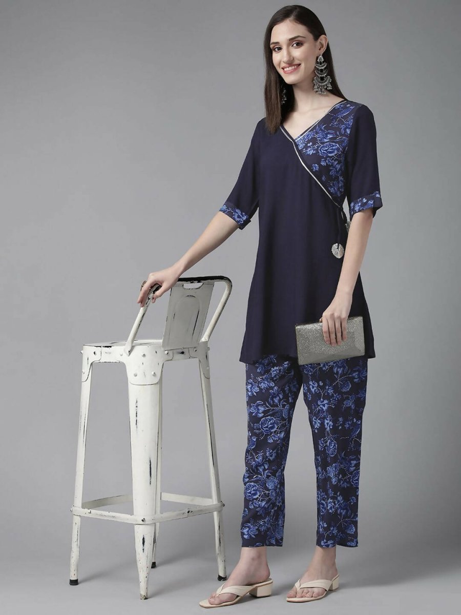 Ahalyaa Women Navy Blue Rayon Wax Printed Angrakha Gotta Patti Tunic With Trousers - Distacart