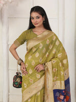 Thumbnail for Astita Linen Cotton Mhendi Green Saree