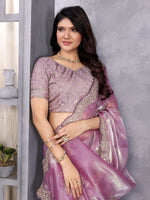 Thumbnail for Vastranavya Lavender Embroidery Work Shimmer Chiffon Saree with Unstitched Blouse